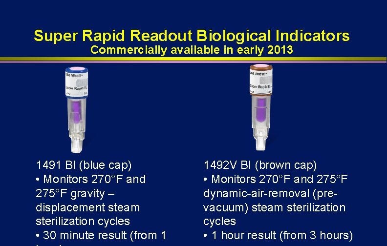 Super Rapid Readout Biological Indicators Commercially available in early 2013 1491 BI (blue cap)