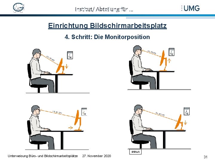 Institut/ Abteilung für … Einrichtung Bildschirmarbeitsplatz 4. Schritt: Die Monitorposition ©BAu. A Unterweisung Büro-