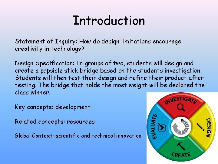 Introduction Statement of Inquiry: How do design limitations encourage creativity in technology? Design Specification: