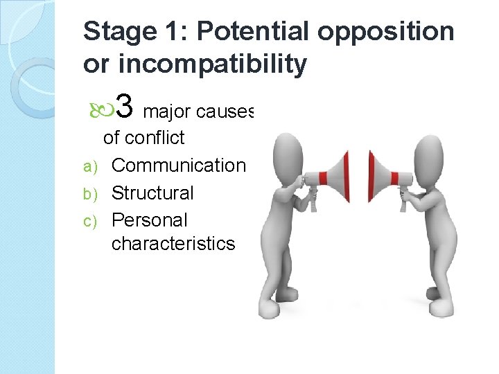 Stage 1: Potential opposition or incompatibility 3 major causes of conflict a) Communication b)