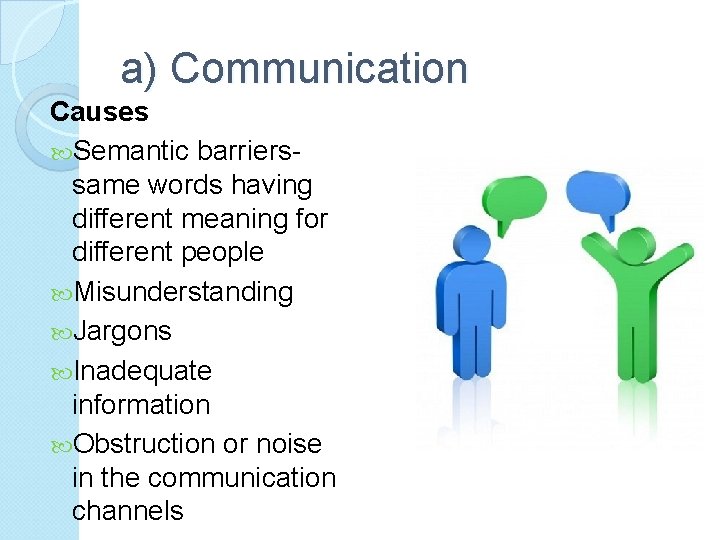 a) Communication Causes Semantic barrierssame words having different meaning for different people Misunderstanding Jargons