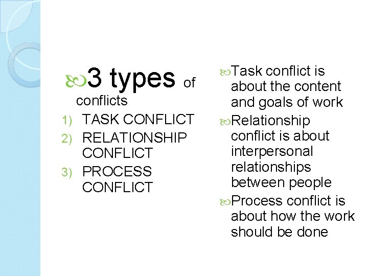  3 types of conflicts 1) TASK CONFLICT 2) RELATIONSHIP CONFLICT 3) PROCESS CONFLICT