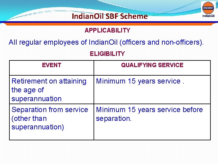 Indian. Oil SBF Scheme APPLICABILITY All regular employees of Indian. Oil (officers and non-officers).