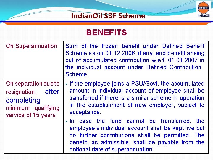 Indian. Oil SBF Scheme BENEFITS On Superannuation Sum of the frozen benefit under Defined