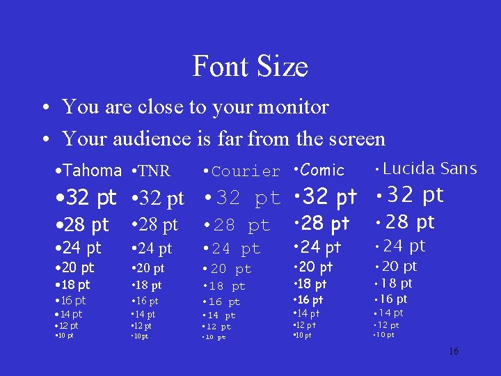 Font Size • You are close to your monitor • Your audience is far