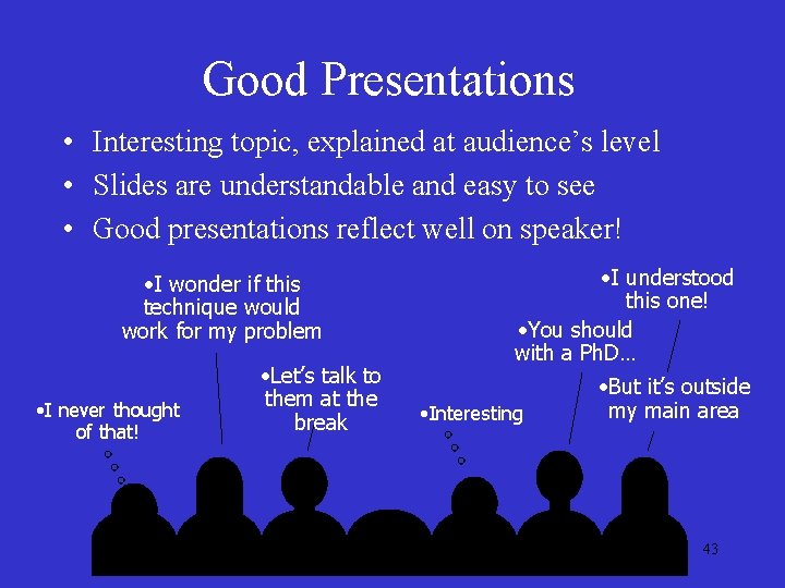 Good Presentations • Interesting topic, explained at audience’s level • Slides are understandable and