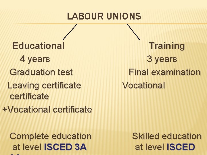 LABOUR UNIONS Educational 4 years Graduation test Leaving certificate +Vocational certificate Training 3 years