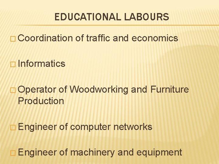 EDUCATIONAL LABOURS � Coordination of traffic and economics � Informatics � Operator of Woodworking