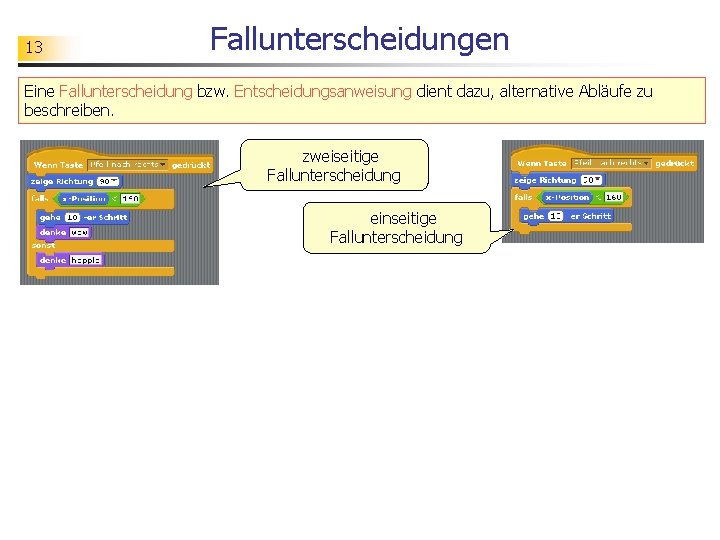 13 Fallunterscheidungen Eine Fallunterscheidung bzw. Entscheidungsanweisung dient dazu, alternative Abläufe zu beschreiben. zweiseitige Fallunterscheidung