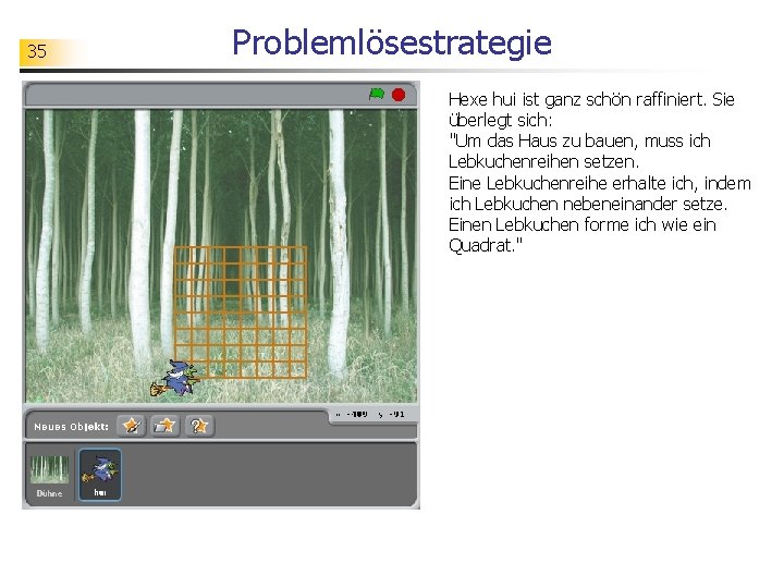 35 Problemlösestrategie Hexe hui ist ganz schön raffiniert. Sie überlegt sich: "Um das Haus