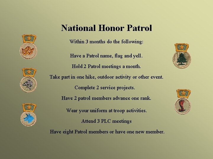 National Honor Patrol Within 3 months do the following: Have a Patrol name, flag