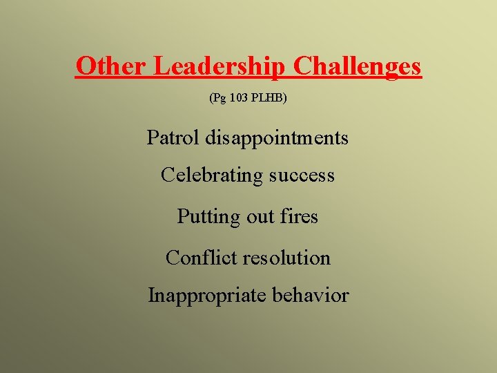 Other Leadership Challenges (Pg 103 PLHB) Patrol disappointments Celebrating success Putting out fires Conflict