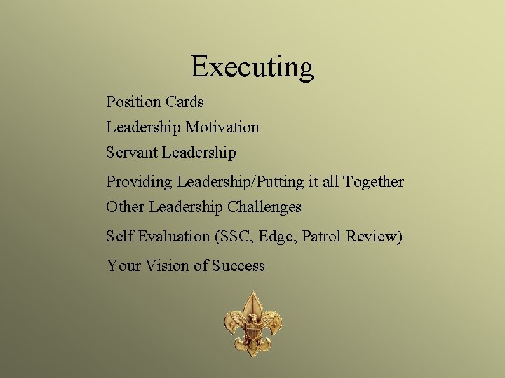 Executing Position Cards Leadership Motivation Servant Leadership Providing Leadership/Putting it all Together Other Leadership
