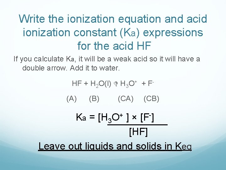 Write the ionization equation and acid ionization constant (Ka) expressions for the acid HF