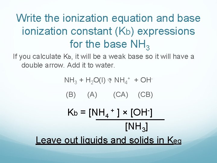 Write the ionization equation and base ionization constant (Kb) expressions for the base NH