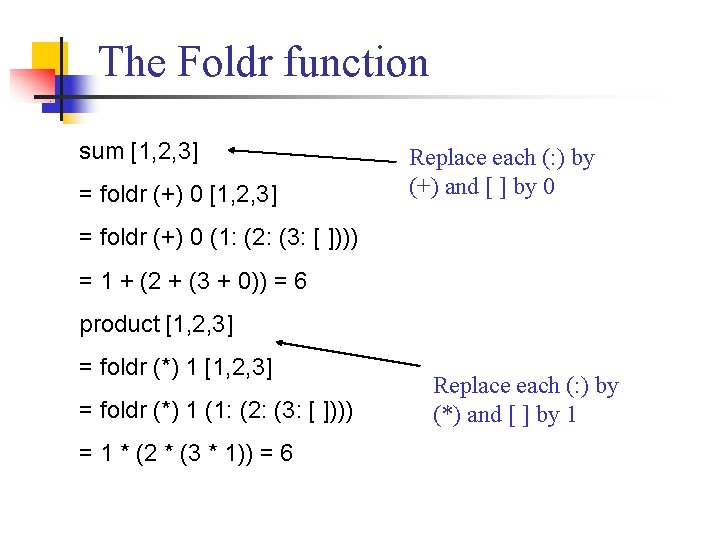 The Foldr function sum [1, 2, 3] = foldr (+) 0 [1, 2, 3]
