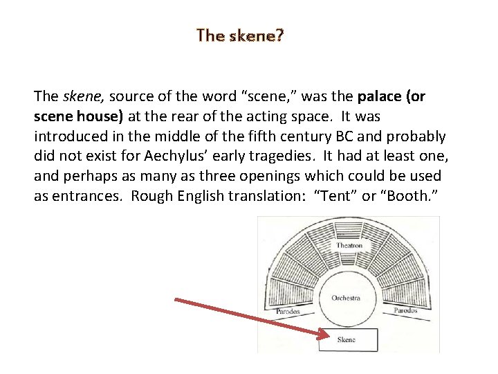 The skene? The skene, source of the word “scene, ” was the palace (or