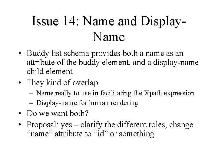 Issue 14: Name and Display. Name • Buddy list schema provides both a name