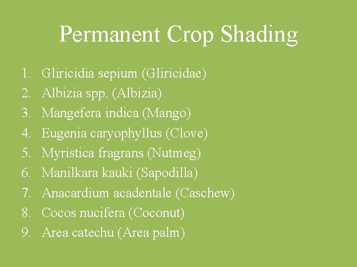 Permanent Crop Shading 1. 2. 3. 4. 5. 6. 7. 8. 9. Gliricidia sepium