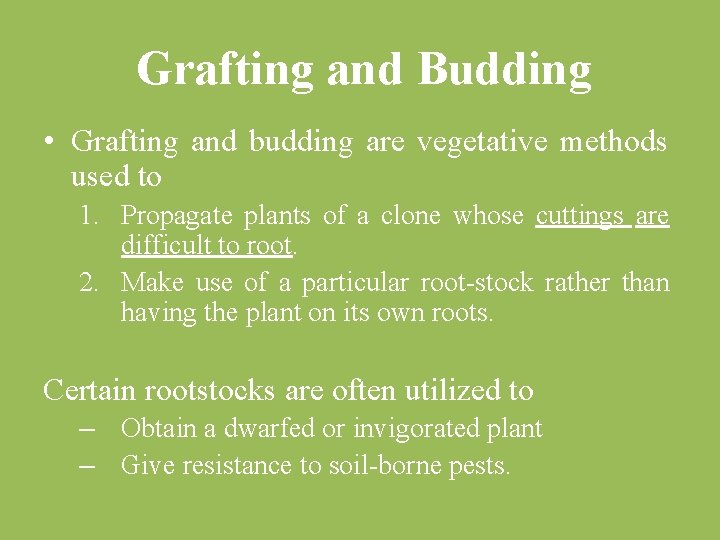 Grafting and Budding • Grafting and budding are vegetative methods used to 1. Propagate