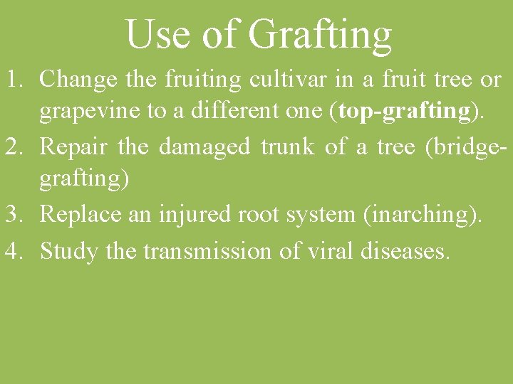 Use of Grafting 1. Change the fruiting cultivar in a fruit tree or grapevine