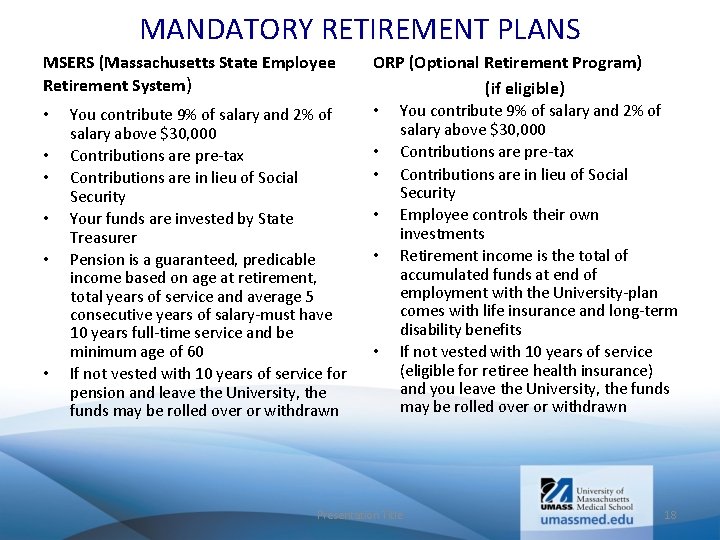 MANDATORY RETIREMENT PLANS MSERS (Massachusetts State Employee Retirement System) • • • You contribute