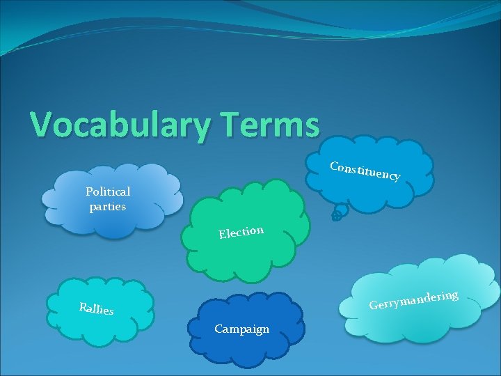 Vocabulary Terms Constitu ency Political parties Election dering n Gerryma Rallies Campaign 