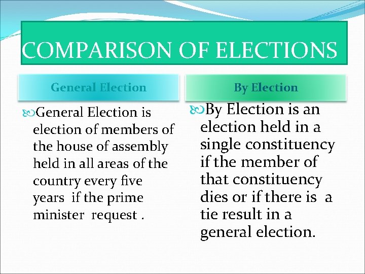 COMPARISON OF ELECTIONS General Election is election of members of the house of assembly