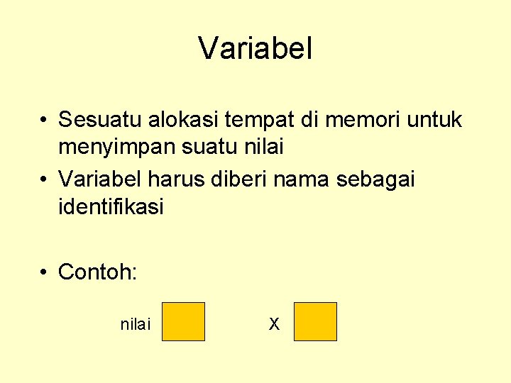 Variabel • Sesuatu alokasi tempat di memori untuk menyimpan suatu nilai • Variabel harus