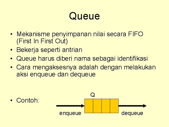 Queue • Mekanisme penyimpanan nilai secara FIFO (First In First Out) • Bekerja seperti