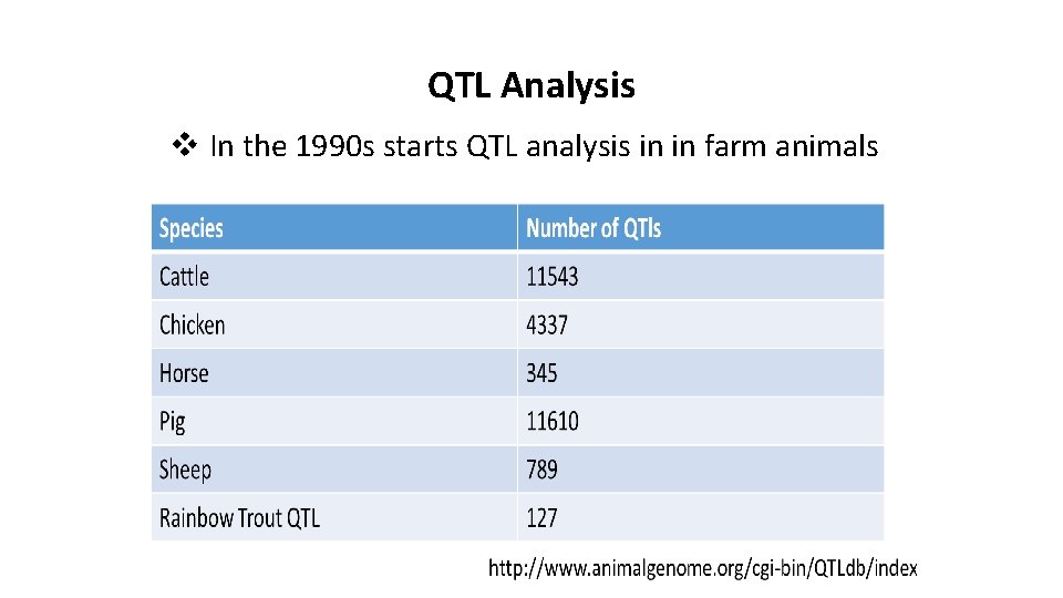 QTL Analysis v In the 1990 s starts QTL analysis in in farm animals