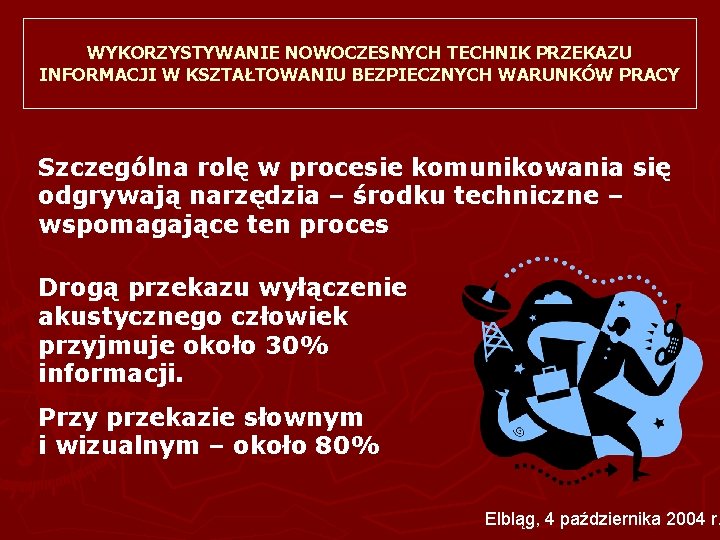 WYKORZYSTYWANIE NOWOCZESNYCH TECHNIK PRZEKAZU INFORMACJI W KSZTAŁTOWANIU BEZPIECZNYCH WARUNKÓW PRACY Szczególna rolę w procesie