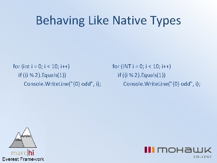 Behaving Like Native Types for (int i = 0; i < 10; i++) if