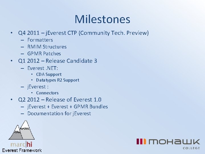 Milestones • Q 4 2011 – j. Everest CTP (Community Tech. Preview) – Formatters