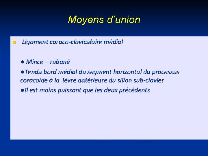 Moyens d’union n Ligament coraco-claviculaire médial ● Mince – rubané ●Tendu bord médial du