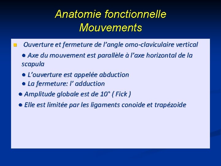 Anatomie fonctionnelle Mouvements Ouverture et fermeture de l’angle omo-claviculaire vertical ● Axe du mouvement