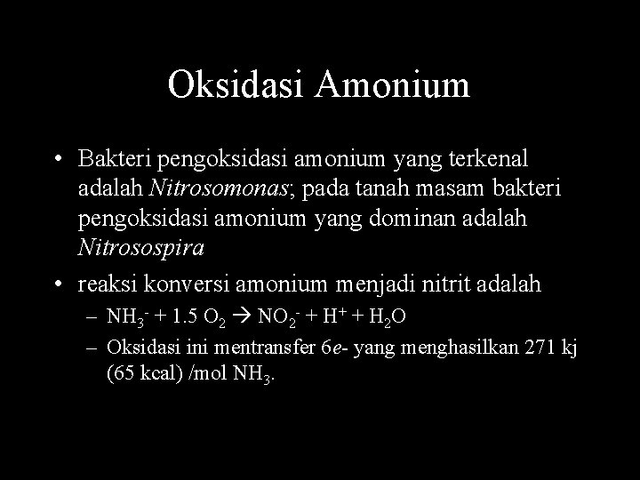 Oksidasi Amonium • Bakteri pengoksidasi amonium yang terkenal adalah Nitrosomonas; pada tanah masam bakteri