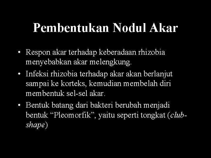 Pembentukan Nodul Akar • Respon akar terhadap keberadaan rhizobia menyebabkan akar melengkung. • Infeksi