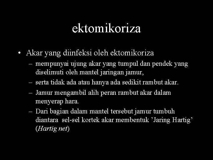 ektomikoriza • Akar yang diinfeksi oleh ektomikoriza – mempunyai ujung akar yang tumpul dan