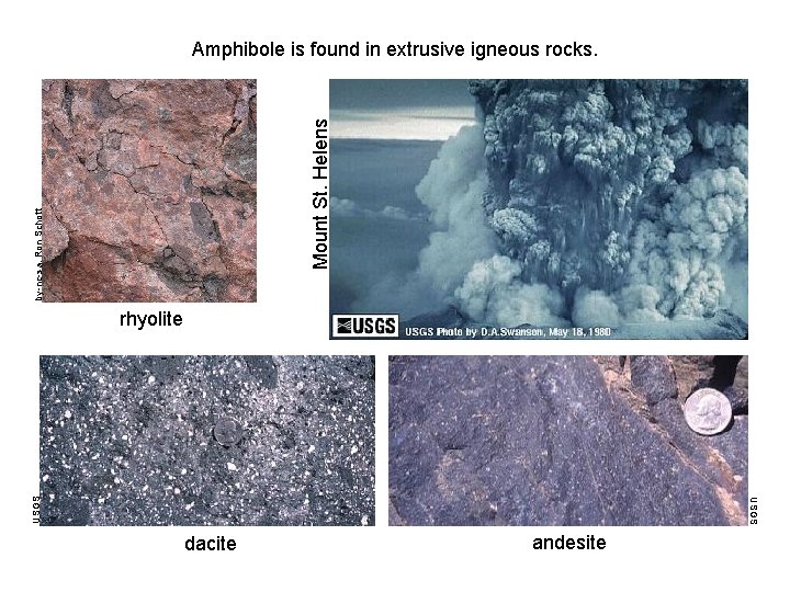 by-nc-sa: Ron Schott Mount St. Helens Amphibole is found in extrusive igneous rocks. USGS