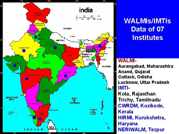WALMIs/IMTIs Data of 07 Institutes WALMIAurangabad, Maharashtra Anand, Gujarat Cuttack, Odisha Lucknow, Uttar Pradesh