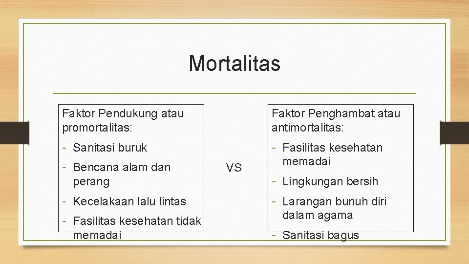 Mortalitas Faktor Pendukung atau promortalitas: Faktor Penghambat atau antimortalitas: - Sanitasi buruk - Bencana