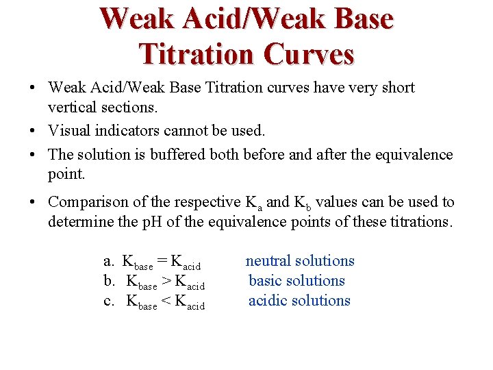 Weak Acid/Weak Base Titration Curves • Weak Acid/Weak Base Titration curves have very short