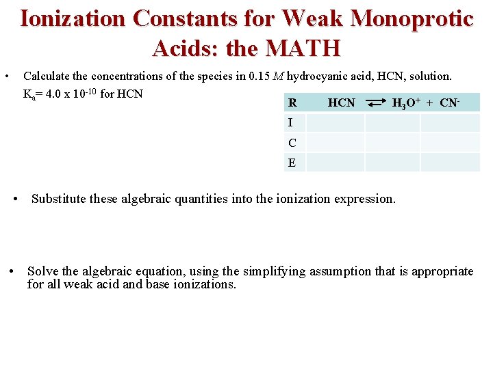 Ionization Constants for Weak Monoprotic Acids: the MATH • Calculate the concentrations of the