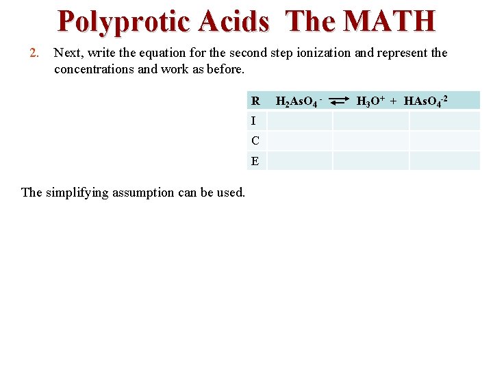 Polyprotic Acids The MATH 2. Next, write the equation for the second step ionization