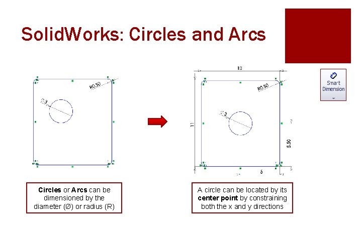 Solid. Works: Circles and Arcs Circles or Arcs can be dimensioned by the diameter