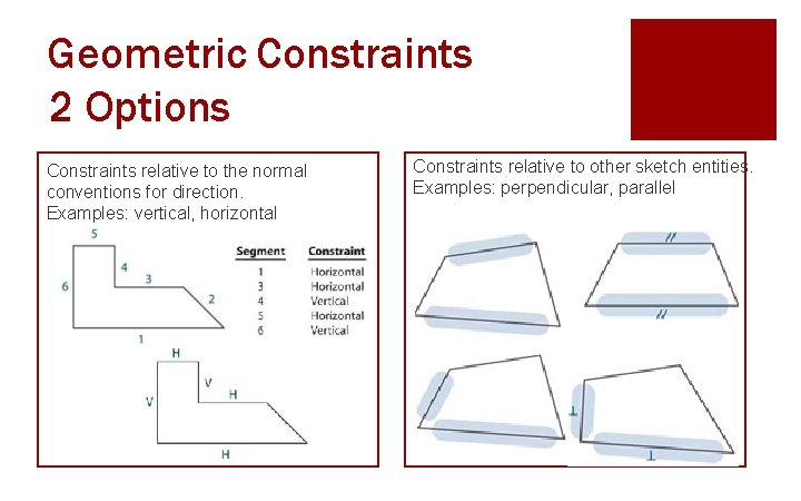 Geometric Constraints 2 Options Constraints relative to the normal conventions for direction. Examples: vertical,