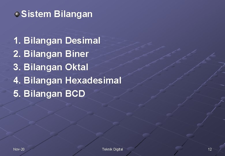 Sistem Bilangan 1. Bilangan Desimal 2. Bilangan Biner 3. Bilangan Oktal 4. Bilangan Hexadesimal