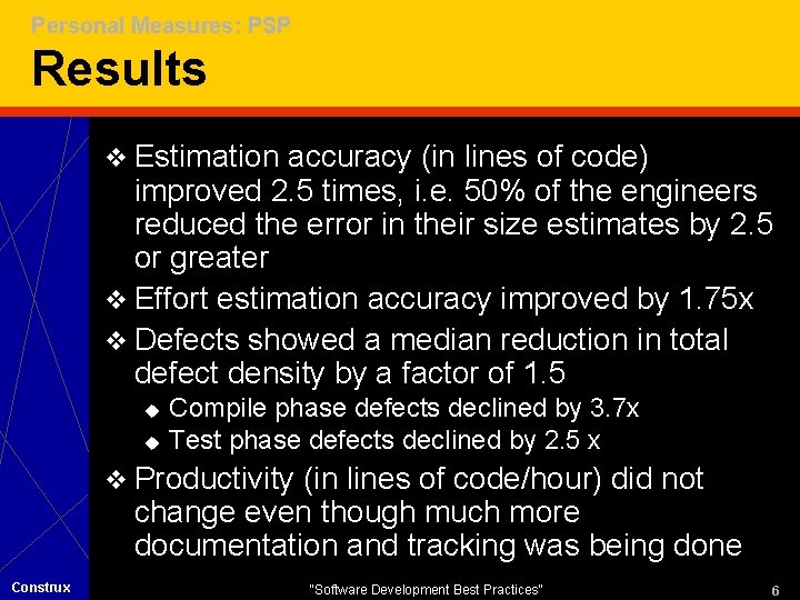 Personal Measures: PSP Results v Estimation accuracy (in lines of code) improved 2. 5