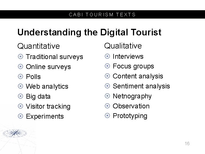 CABI TOURISM TEXTS Understanding the Digital Tourist Quantitative Qualitative Traditional surveys Online surveys Polls